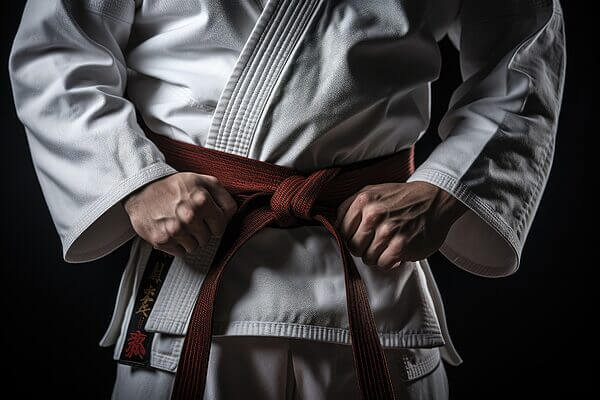Kimono-Karateanzug-Wettbewerb-karateka-ajustant-roter-Gürtel-kimono-kata-premium-gros-plan