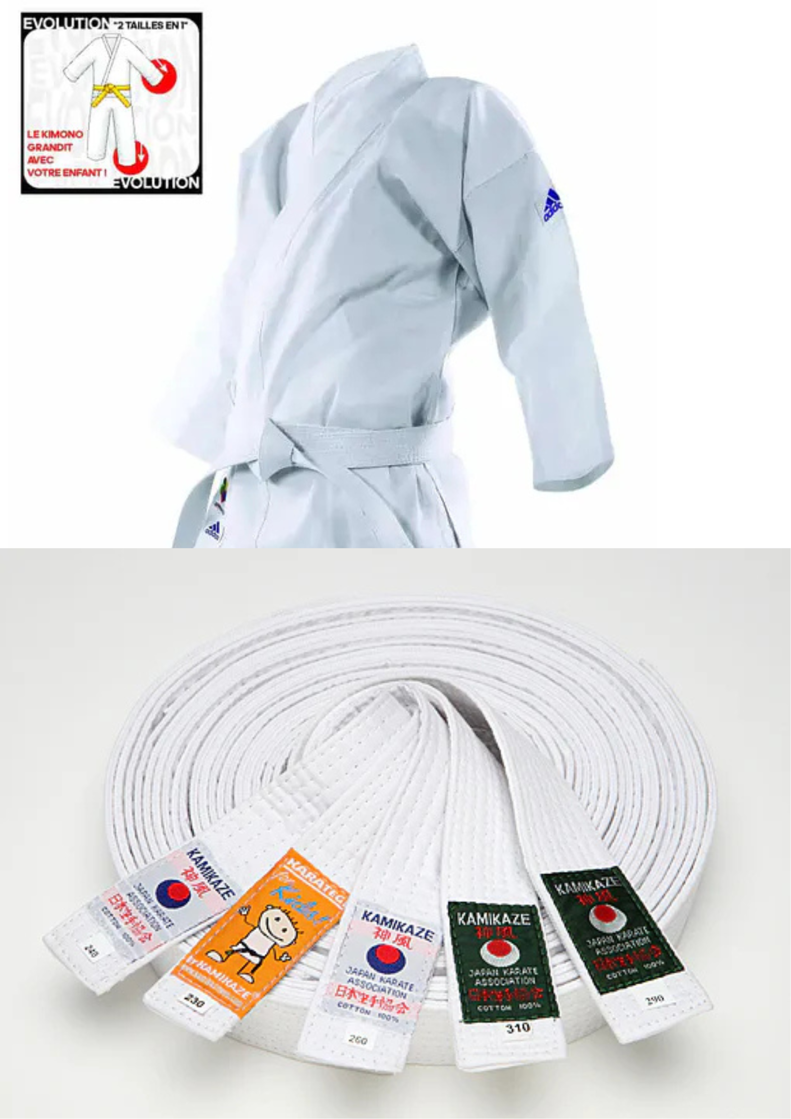 Pack Karaté Débutant -10% 2 Kimono karate Evolutif K200E WKF Adidas et Ceinture blanche de Karate KAMIKAZE Coton piqué