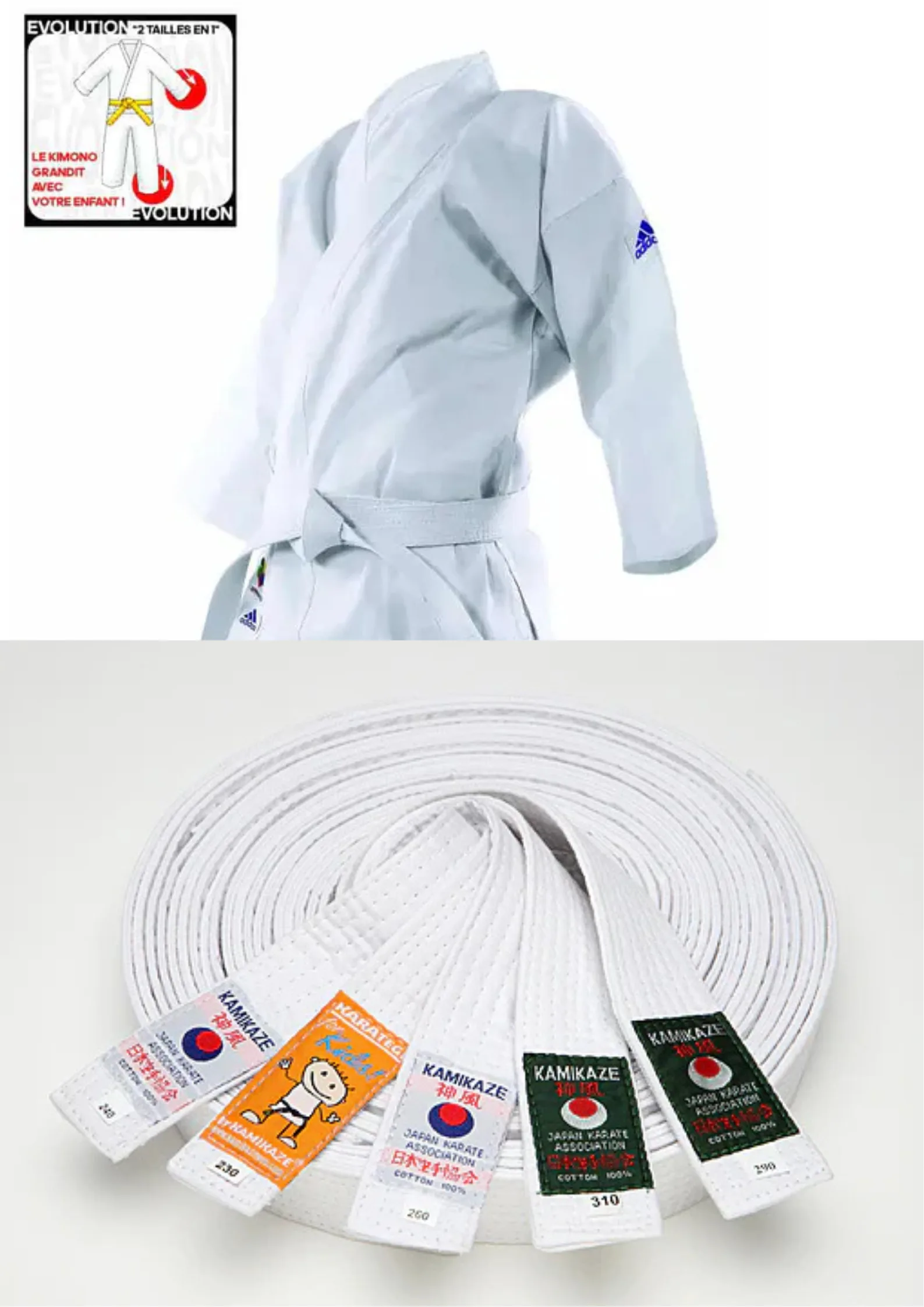 Kimono karate Evolutif K200E WKF Adidas et Ceinture blanche de Karate KAMIKAZE Coton piqué