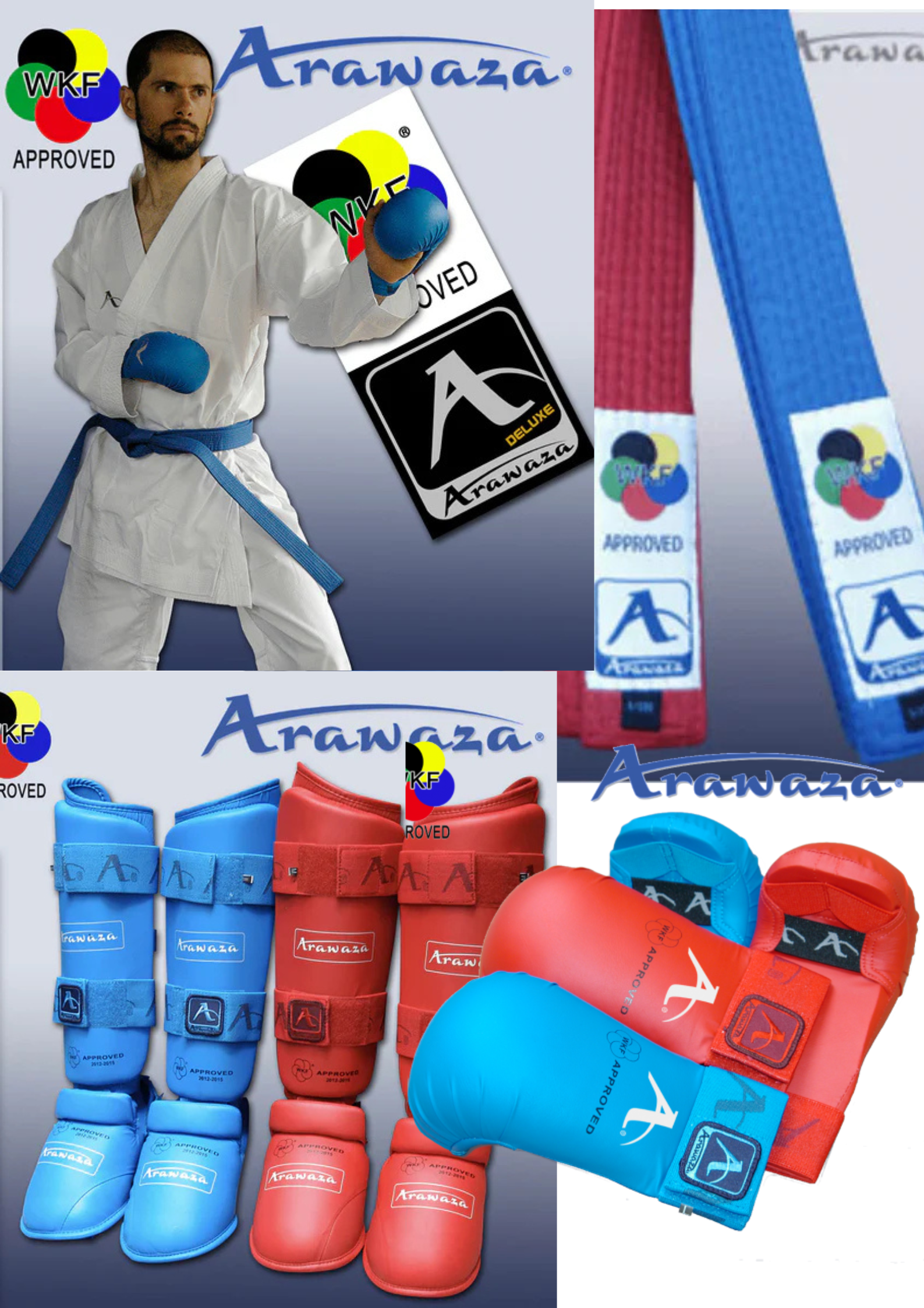 Pack Kumite Arawaza WKF -10% 2 Pack Kumite Arawaza Karate Kimono Ceinture coméptition gants protèges-tibias protèges-pieds