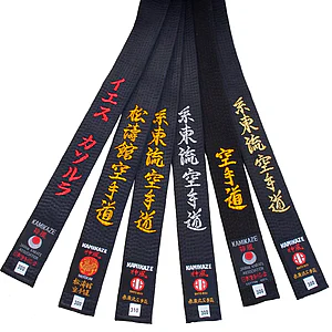 ceinture noire kamikaze satin ou coton eventail broderies etiquettes style karate