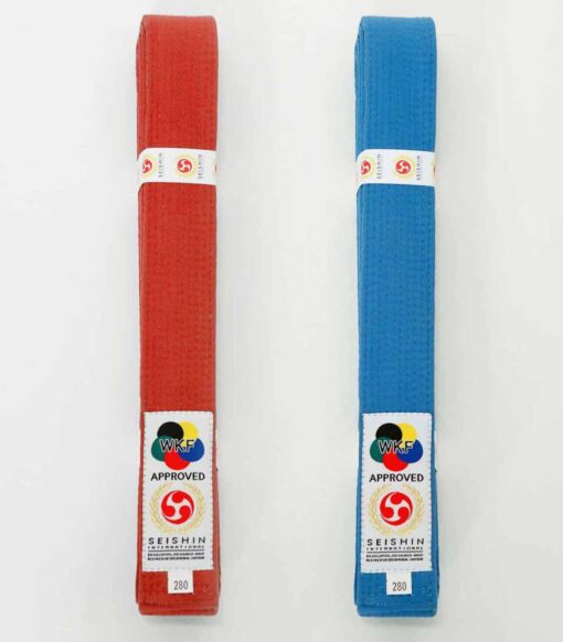 ceintures-de-competition-seishin-international-wkf-rouge-et-bleu-coton-dessus