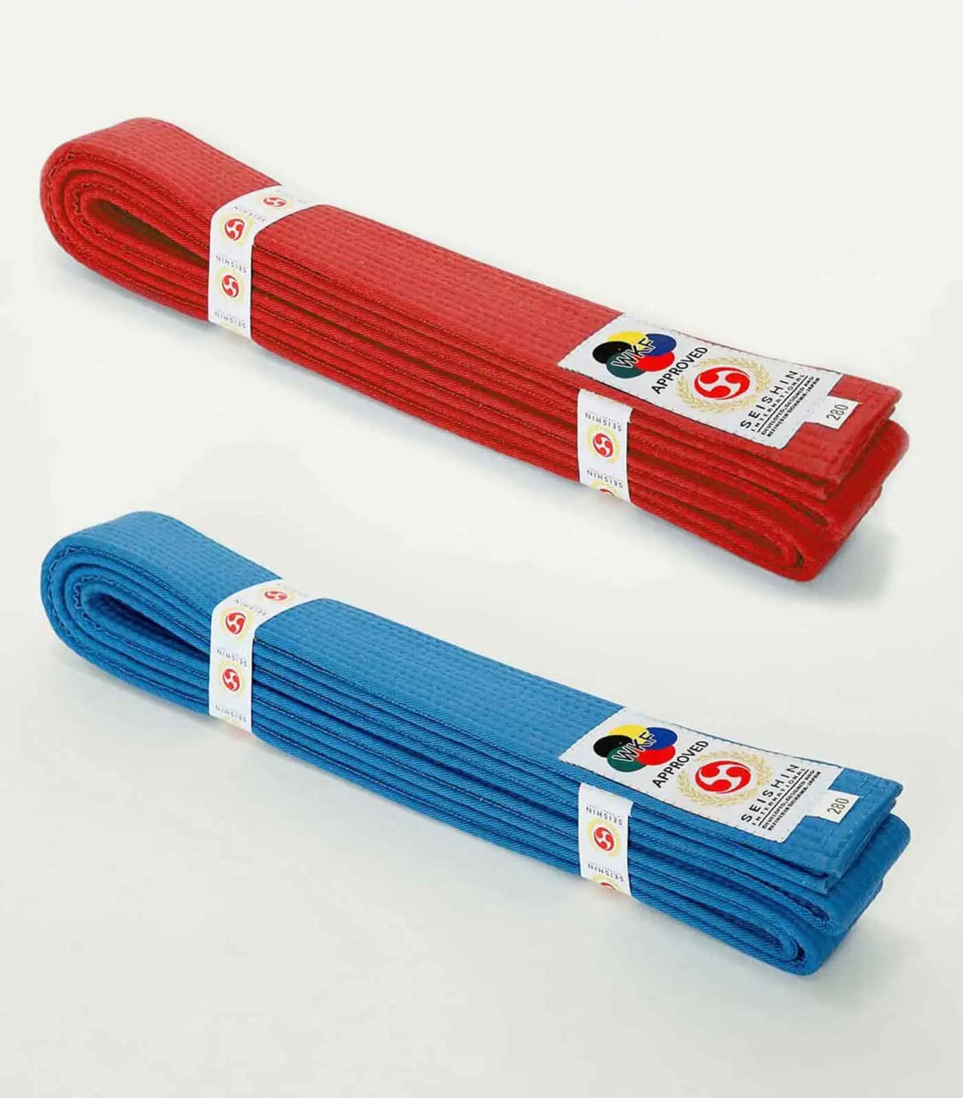 Ceintures de compétition de Karate Seishin International - Pack Rouge et bleu 4 ceintures-de-competition-seishin-international-wkf-rouge-et-bleu-coton