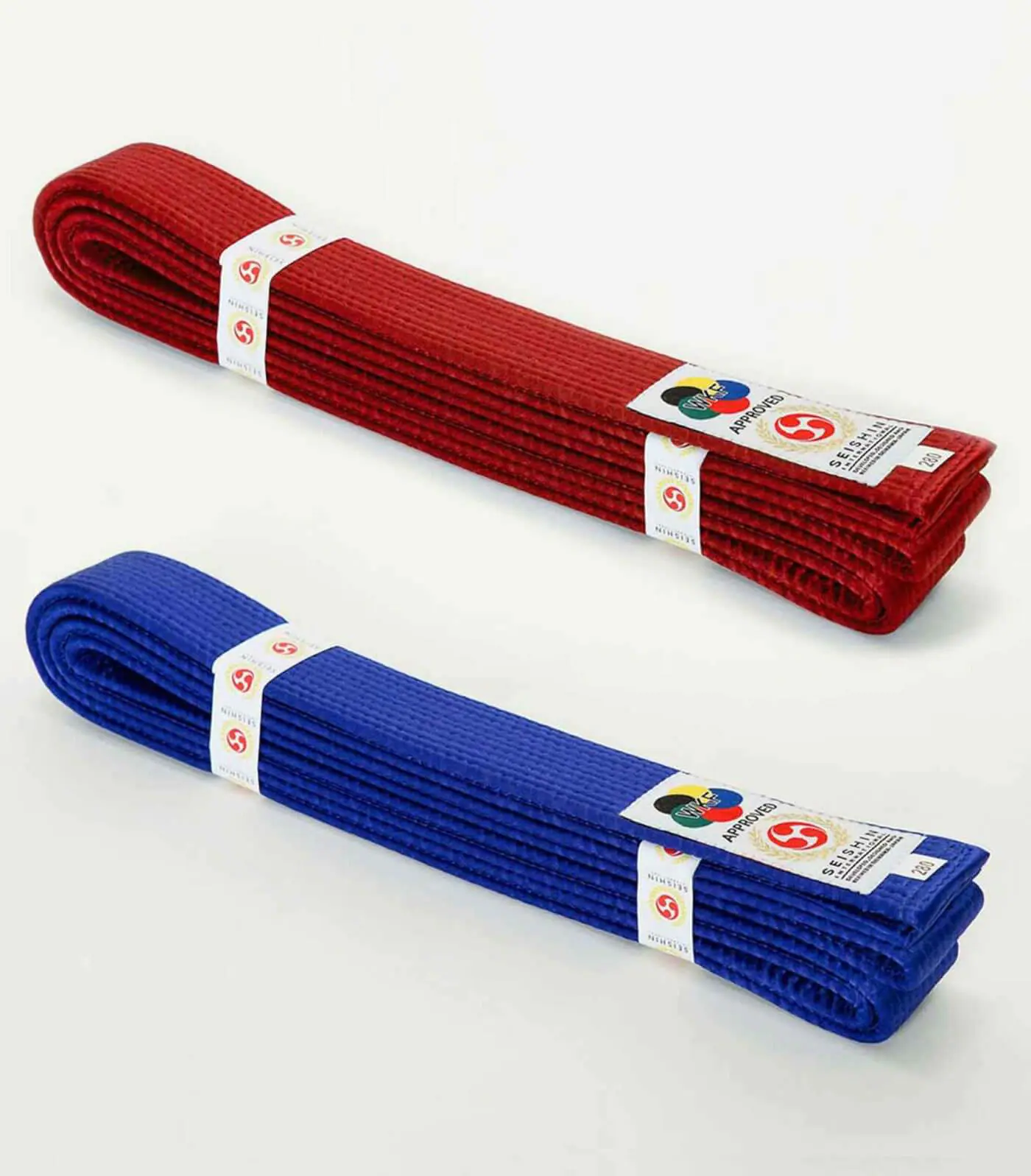 Ceintures de compétition de Karate Seishin International - Pack Rouge et bleu 3 ceintures-de-competition-seishin-international-wkf-rouge-et-bleu-satin